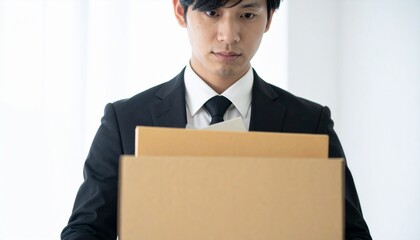 A dejected man in a suit carrying cardboard boxes, possibly after losing his job. He wears a somber expression, conveying the weight of his situation