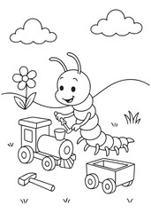 Coloring book centipede playing with a toy train and hammer, ready for fun adventures