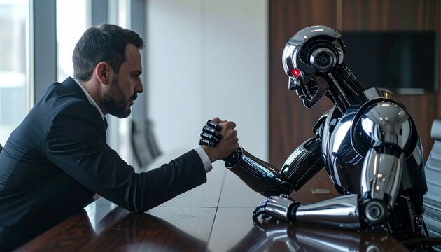 Man and robot arm wrestling at a table. The man is in a business suit, and the robot is metallic and advanced-looking. The image evokes a sense of competition and technological advancement. 