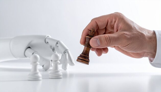 A chess match between a human hand and a robotic hand, highlighting the intersection of human and machine intelligence. A human hand carefully moves the chess piece, while a robotic hand rests.
