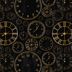 Stylish beautiful golden clock vector pattern. Time, watch, schedule, business, management, plan, work and urgency concept. Vector illustration