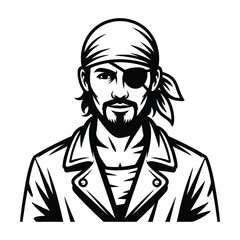Stylized black and white illustration of pirate wearing eyepatch and bandana, vector artwork


