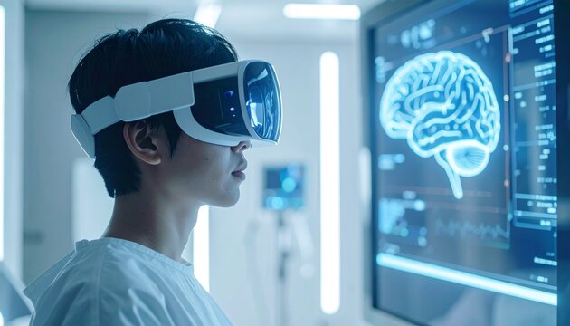 A person wearing VR headset examining a displayed brain scan