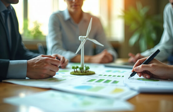 Business team meeting around table with reports, wind turbine model. Corporate professionals discuss eco-friendly solutions, green energy strategy to achieve goals, analyze business growth.