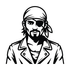 Stylized portrait of a pirate with an eyepatch and bandana in black and white illustration artwork

