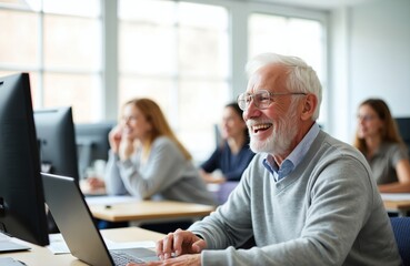 Senior man with glasses attends computer technology education class. Happy elderly person uses laptop learning. Digital literacy concept. Retired people studying. Students in classroom, indoor scene.