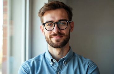 Close-up portrait of young caucasian man wearing glasses. Stands near window, short hair, beard, casual attire, smiling at camera. Business portrait, businessman, office, 30s, successful, confident.