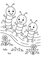 Coloring book caterpillars happily dancing or marching in a line through a grassy field 