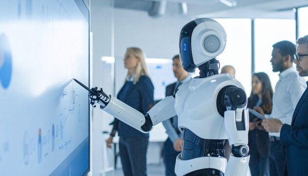 A robot in a meeting demonstrating its ability to interact and collaborate with colleagues, as technology continues to advance