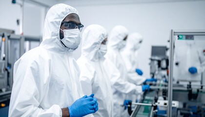 Medical staff in protective gear stand in a clean manufacturing environment, ensuring product sterility and quality. The team wears full suits, masks, and gloves