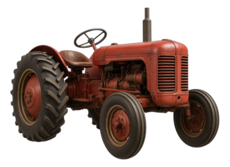 Vintage red farm tractor with large rear tires and steering wheel on transparent background.