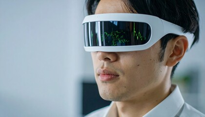 A person is wearing virtual reality glasses, immersing himself in the digital world, his expression focused and intent