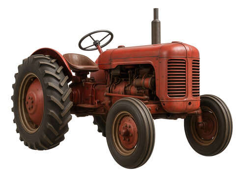 Vintage red farm tractor with large rear tires and steering wheel on transparent background. - Powered by Adobe