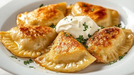 Six golden-brown pierogi arranged on a white plate, topped with a dollop of sour cream and fresh parsley.  The pierogi have slightly crispy edges and appear freshly cooked