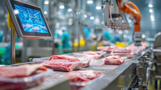 Close-up of robotic meat sorting arm in a modern meatpacking plant, placing sliced pork into trays, showcasing automation and efficiency.