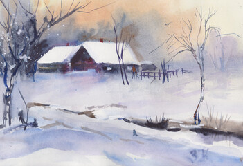 Sunset in snowy village