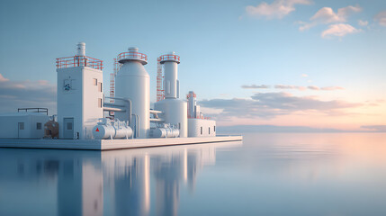 an industrial plant stands on the water against the backdrop of a sunset, its structure and design showcasing the concept of modern architecture and technological advancements
