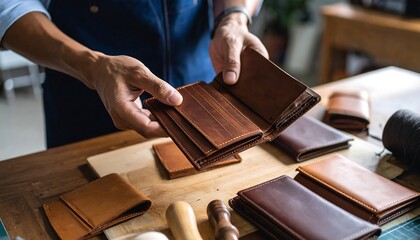 Craftsman examining leather wallets