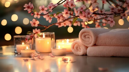 Spa composition with flowering branches against a background of gentle bokeh. Ideal for health, meditation or spa related topics.
