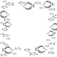 hand drawn vector frame with underwater fish, black and white ink sketch of exotic tropical fish, sea wildlife, engraving textured illustration of undersea animal for marine picture, decoration