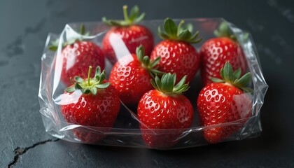 Fresh vacuum-sealed strawberries with stems. Transparent wrap ripe berries. Dark slate surface background. Healthy snack, natural food, dessert ingredient. Grocery market, organic food.