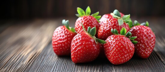 Fresh strawberries show their bright red color and green leaves. Strawberries are ripe and ready to eat.