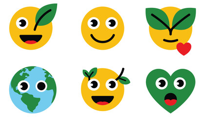 Fototapeta premium Cartoon vector set of cute, funny, and happy character face smileys, icons, and illustrations with diverse expressions like monsters, fruits, aliens, and birds