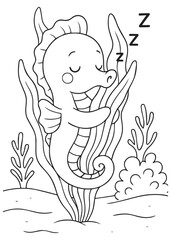 Coloring book seahorse sleeping soundly amidst lush underwater seaweed.