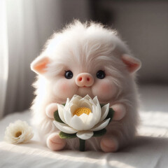 A cute, fluffy white piglet holds a lotus flower. The piglet has large, expressive eyes and a small snout, sitting on a soft surface with natural light.