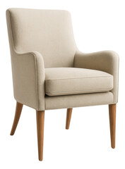 Naklejka premium Elegant beige upholstered armchair with wooden legs and curved armrests on transparent background.