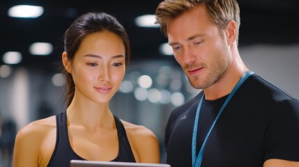 Personal Trainer Consulting with Female Client in Modern Gym Using Digital Tablet