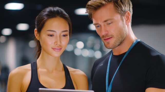 Personal Trainer Consulting with Female Client in Modern Gym Using Digital Tablet