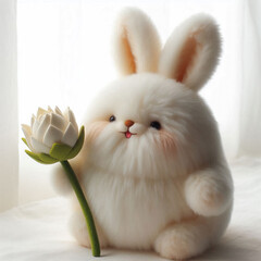 A cute, fluffy white bunny holds a lotus flower. The bunny has large ears and a round face, creating an adorable appearance. Soft lighting enhances the scene.