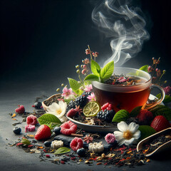 A steaming cup of tea surrounded by fresh berries, herbs, and flowers. The scene is rich in colors and textures, showcasing a variety of natural ingredients.