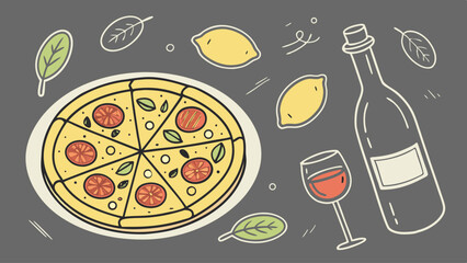 A vector illustration of delicious Italian pizza with cheese, pepperoni, and vegetables, perfect for a dinner meal.