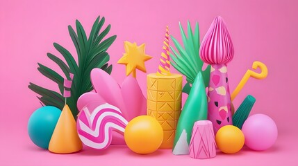 Vibrant 3D Summer Party Scene with Tropical Leaves and Geometric Shapes
