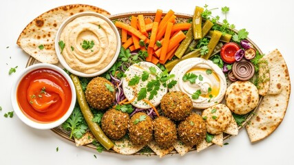 Delicious Falafel Platter - Hummus, Pickles, and Pita on a Serving Dish