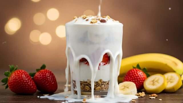 Layered yogurt parfait with granola and fruit
