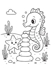 Coloring book  seahorse and starfish building a stack of rings underwater