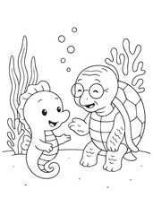 Coloring book turtle sharing a friendly chat with a cheerful seahorse underwater