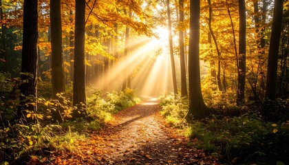 Fototapeta premium Sunbeams through autumn forest path