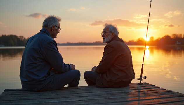 Two senior men sitting on wooden pier, at sunset. Elderly guys enjoy quiet conversation with background of lake water. Peaceful tranquil scene, gold colors reflect on water surface. Evening meeting, - Powered by Adobe