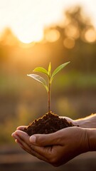 A close-up of hands gently holding a small seedling in a pile of soil