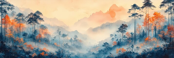 Beautiful sunrise in misty morning mountains in national park, Thailand. Mural