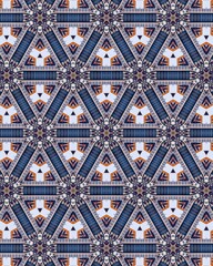 A Complex Geometric Pattern Featuring Interlocking Triangular Shapes with Intricate Designs and a Blend of Dark and Light Colors, Repeated in a Symmetrical Layout