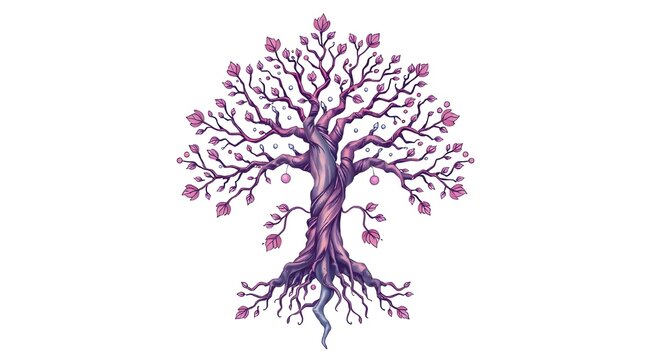 A vividly colored tree features intricate, twisting branches adorned with small, delicate flowers. Its roots spread below, giving a sense of balance and harmony. 