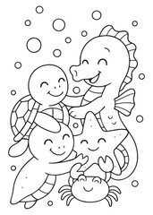 Coloring book  sea creatures (turtle, seahorse, worm, starfish, crab) hugging A sweet scene of ocean friendship