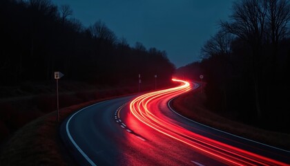 Night asphalt road with blurred red light trails from cars, long exposure tech. Curved road through forest during dusk. Modern transport concept, fast movement.