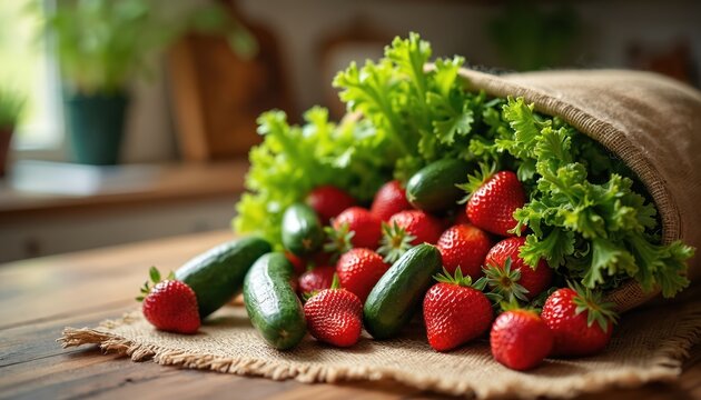 Fresh strawberries cucumbers lettuce spilling out of the grocery bag on wooden kitchen table. Healthy organic food ingredient diet lifestyle. Fresh produce for shopping, cooking, culinary concepts. - Powered by Adobe