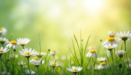 Summer meadow background with fresh green grass and wild chamomile flowers. Sunny landscape, daisy blossoms, field, white petals. Nature backdrop, sunny day, beautiful view.